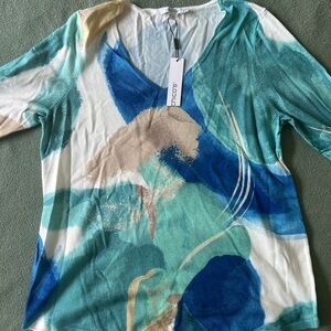 Chico's Teal and Beige Artistic Women's Blouse